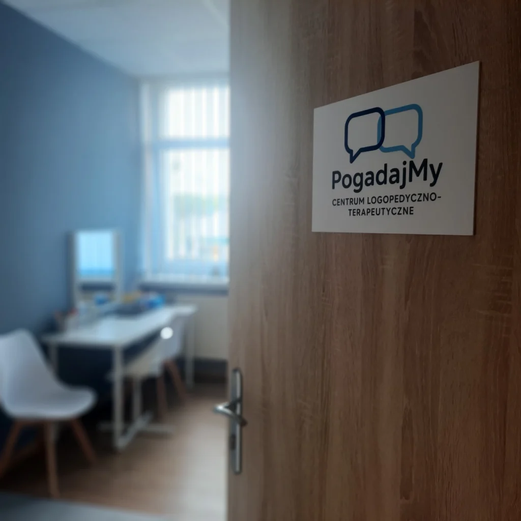 Wejście do gabinetu Centrum Logopedyczno-Terapeutycznego PogadajMy z widocznym logo na drzwiach i wnętrzem sali terapeutycznej w tle.
