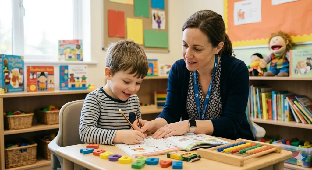 Dziecko podczas terapii pedagogicznej pracuje indywidualnie z terapeutką nad nauką pisania i rozwojem umiejętności szkolnych.