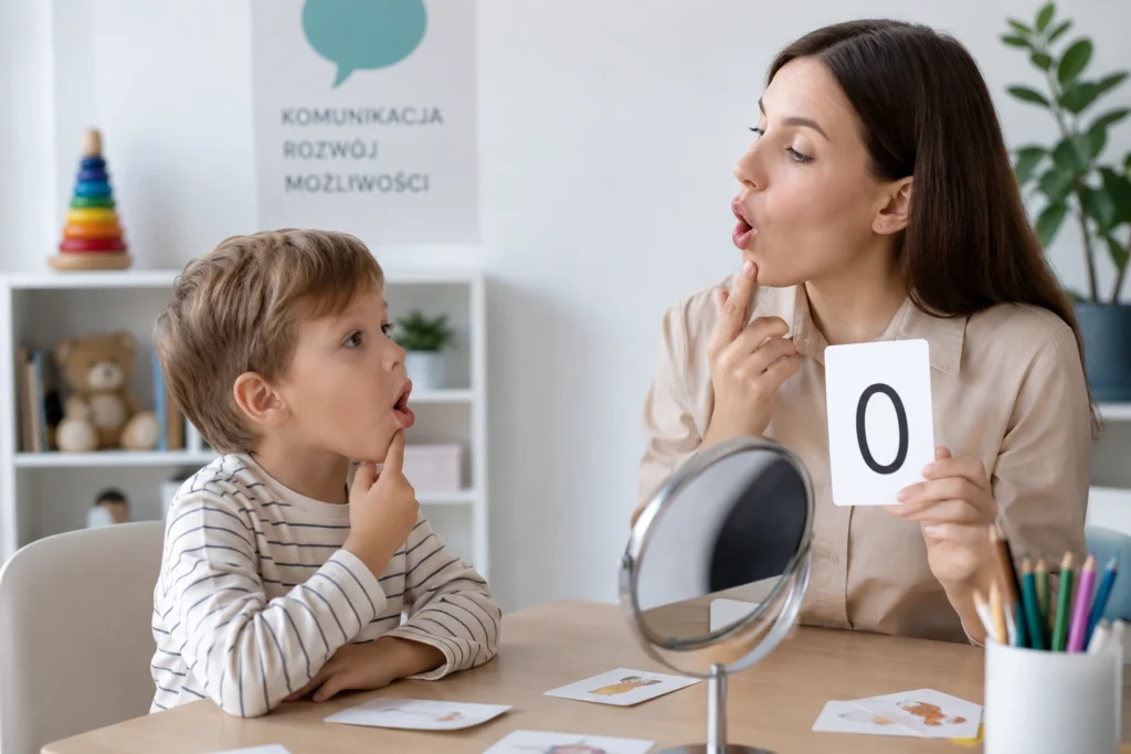 Logopedka i dziecko wykonują ćwiczenia artykulacyjne przed lustrem, wymawiając głoskę O. Terapeuta trzyma kartę z literą O.